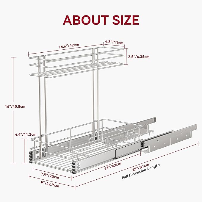 Under Sink Organizer 9" W X17 D, Pull Out Cabinet Organizer 2 Tier, Under Sink Slide Out Chrome Plated, Under Kitchen Bathroom Sink Organizer, Pantry Cabinet Closet Organization Rack, 2 Pack