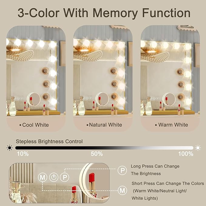 Ratsamee Gold Hollywood Vanity Mirror with Lights, 15 Dimmable Bulbs, 3 Color Lights,Make Up Lighted Mirror, Aluminum Metal Frame, USB Charging Port（23" x 18"）