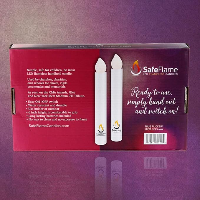 SafeFlame Hand Held LED Candles - Batteries Included - Easy On/Off Switch - Safe Flame for Candlelight Service (Box of 25) (Warm White)