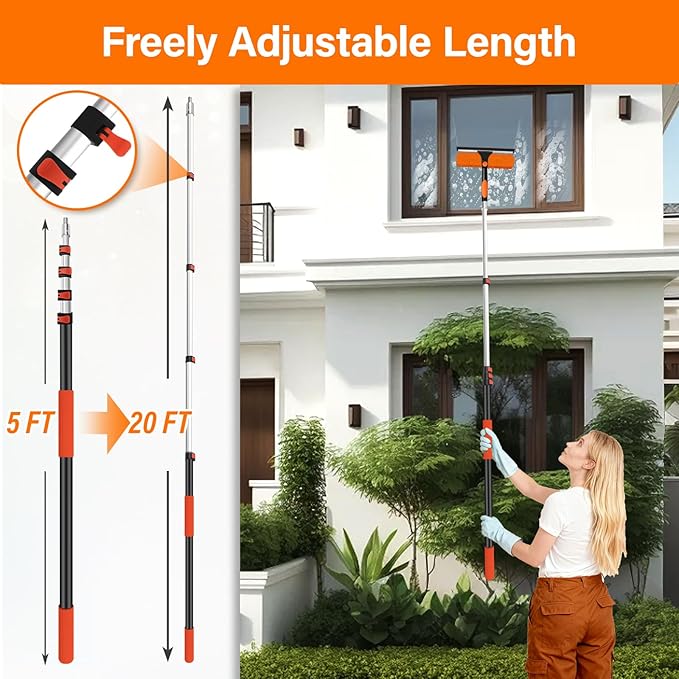 26FT High Reach Duster Cleaning Kit with 20FT Pole | 4-in-1 Tool Set with Universal Swivel Joint | High Ceiling Fan Cleaner, Microfiber Duster & Window Squeegee for Safe High-Reach Cleaning