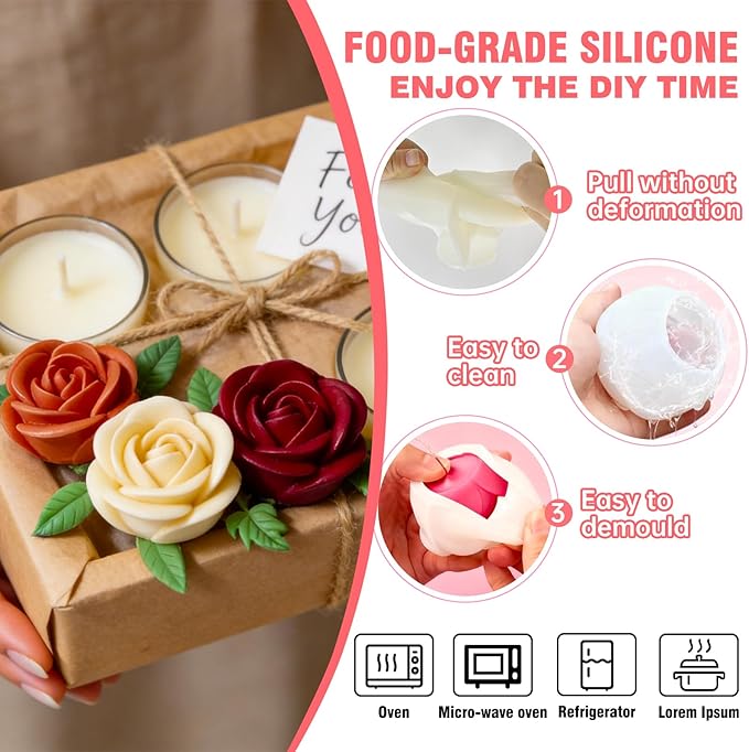 4 PCS Rose Candle Molds 3D Rose Flower Silicone Molds with Leaf Mold for Candle Making Mold DIY Handmade Soaps, Candle Gifts,Resin Crafts,Ice Cubes,Chocolate and Home Decorations Valentine's Day Gift