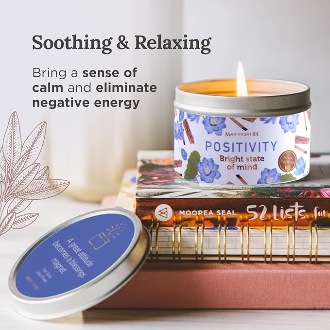 MAGNIFICENT 101 Positivity Aromatherapy Candle in 6-oz. Tin Holder: Soy Wax with Palo Santo & Lotus Flower Oils and Pure Sage Leaves for Intention Setting & Energy Cleansing