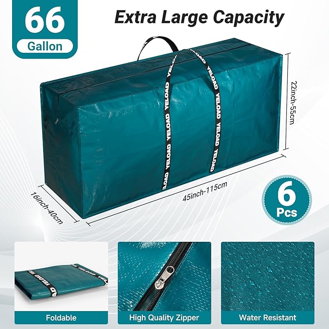 66 Gallon Extra Large Storage Bags 2 Pack – Black XXL Heavy Duty Waterproof Moving Tote Bags for College Dorm, Travel, Clothes & Bedding Foldable Zippered Duffle with Handles