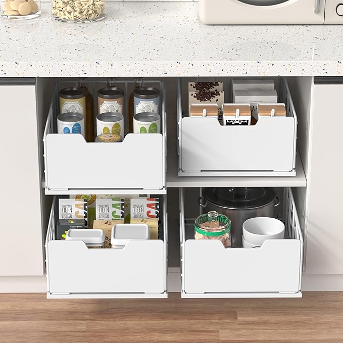 ZOINLIY Pull Out Cabinet Organizer, Pantry Slide Out Drawer Organizer with Adhesive Strips, Heavy Duty Under Sink Organizer, Storage and Organization for Kitchen, Bathroom, 15.7" D x 11.8" W x 6.7" H