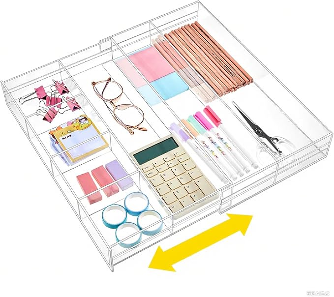 Briwooody 1 Pcs Acrylic Desk Drawer Organizer 12'' up to 16'' x 14.5'' x 2.2'' Expandable Drawer Organizer Trays with 7 Adjustable Compartments Clear Desk Accessories for Makeup Office Bathroom