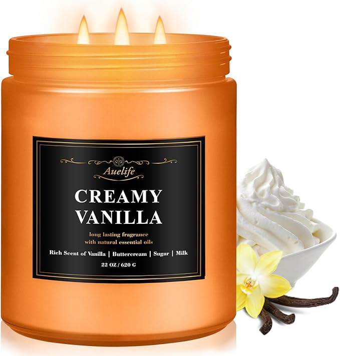 Auelife Creamy Vanilla Scented Candle – 22oz Large 3-Wick Christmas Soy Candle, Sweet Long Lasting Winter Candles for Home, Cozy Candles Gifts for Women & Men