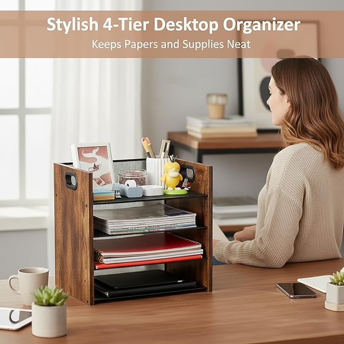 Wood Desk Organizer - 4-Tier Desktop File Organizer, Wooden Paper Organizer, Office Desk Organization for Accessories, Papers, Mail, Notebooks, Stationery