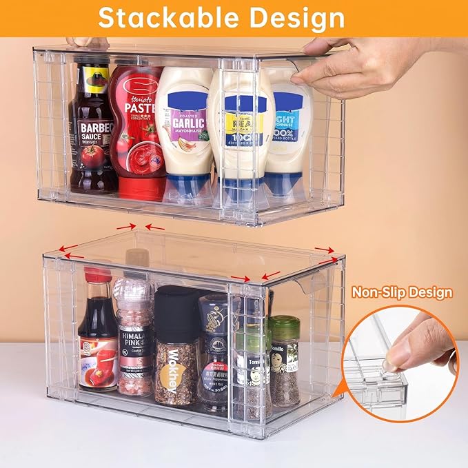 4Pack Large Stackable Storage Drawers,Clear Acrylic Organizers with Handle,Easily Assemble for Kitchen Undersink,Bathroom,Cabinet,Makeup,Closet,Medicine,Pantry Organization Bins