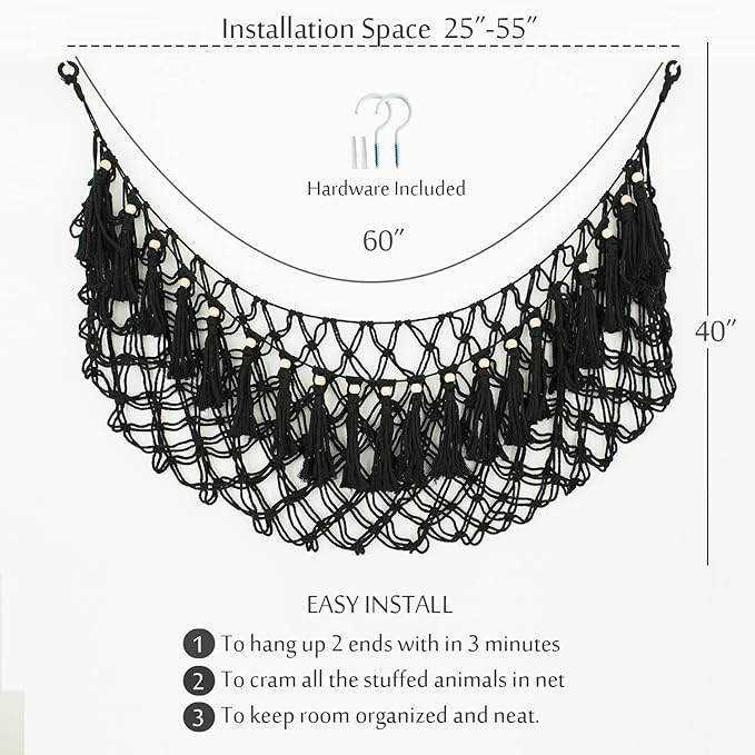 Stuffed Animal Hammock Wall Mounted Hanging Net for Stuffed Animal Storage Holder Handmade Macrame Toy Hammock Boho Nursery Organizer Plushies Net(Black)
