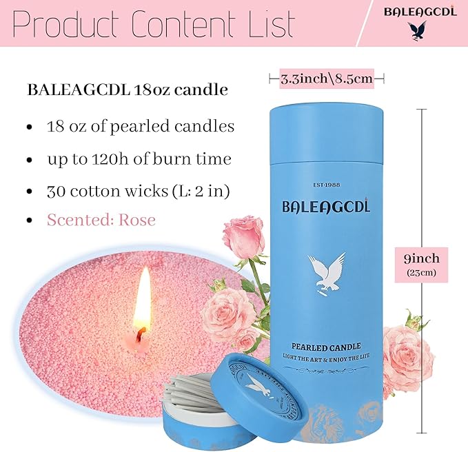 Pearled Candle 18 Oz with 30 Wicks - Rose Scented Sand Candles Pink Refillable Wax Lasts up to 120 Hours - Smooth and Clean Burning for Candle Making