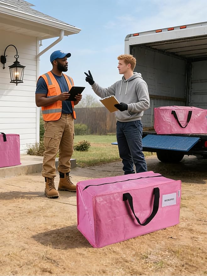 WORKPRO 1 Pack Extra Large Moving Bags with Zippers & Carrying Handles Backpack Straps, Heavy-Duty Storage Tote for Space Saving Moving Storage (Pink)