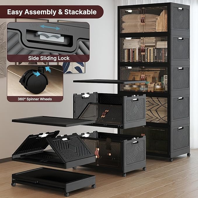 UAMFURI Stackable Storage Bins with Lids, 900QT Closet Organizers, Lockable Storage Cabinet，Foldable Storage Box with Doors and Wheels, Plastic Drawers for Home, Garage, Office (5, Black, Extra Large)