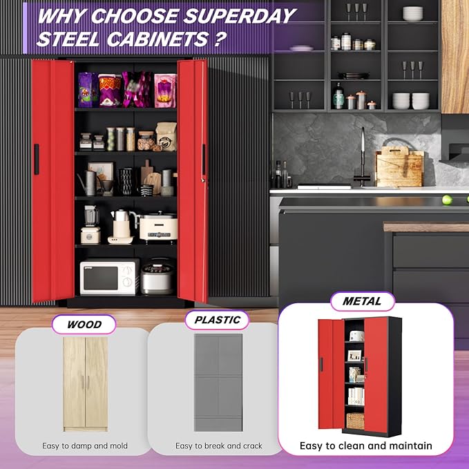 Superday Metal Storage Cabinets, 71" Storage Cabinet with Locking Door, Tall Garage Cabinet with 2 Doors and 4 Adjustable Shelves for Home Office, Classroom, Easy Assemble(Black Red)
