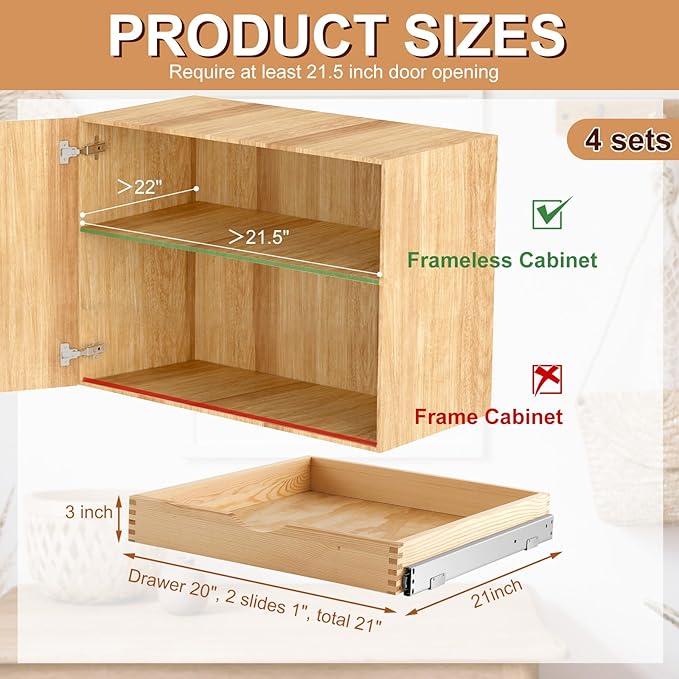Sintuff 4 Pack Wooden Pull out Tray Cabinet Organizer Gentle Close Roll out Shelves for Kitchen Cabinets Fully Assembled Slide Pantry Shelves (21'' X 21'')