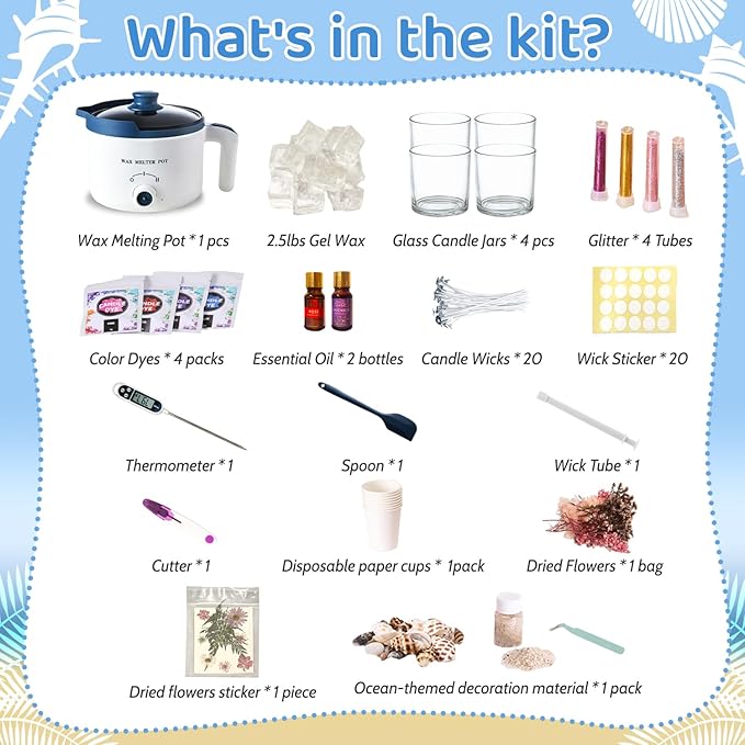 DIY Jelly Wax Candle Making Kit with Jars - Complete Transparent Gel Candle Maker Kit, Ocean Theme Gel Kit & Floral Jelly Wax Set, Includes Dried Flowers, Shells & Essential Oils