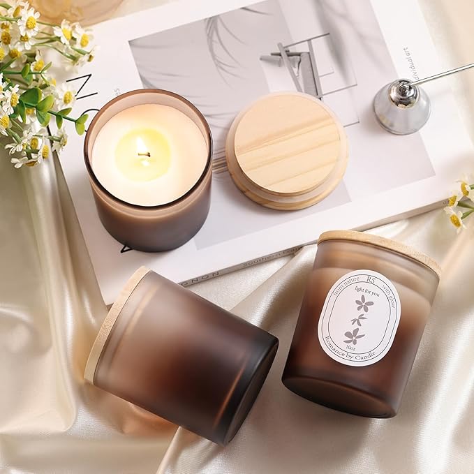 REISEN 12Pcs Gradient Amber Candle Jars for Making Candles, 10oz Glass Jars with Bamboo Lids, Candle Wick Kit and Sticky Warning Labels, Candle Containers Vessels for DIY Gifts