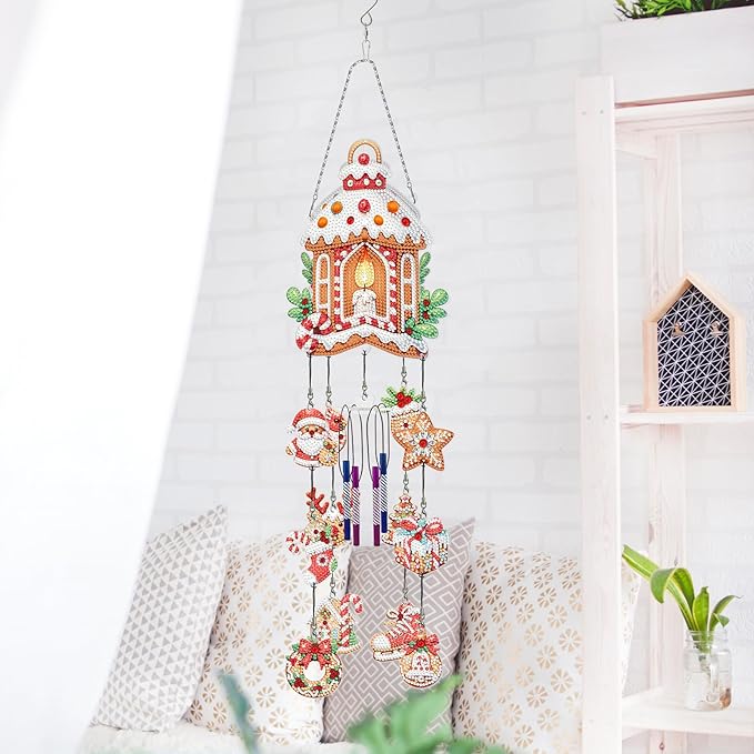 Christmas Candle Diamond Art Painting Wind Chime Hanging Ornaments DIY Kit 5D Diamond Art Wind Chimes Christmas Hanging Pendant Double Sided Special Gem Paint by Number Garden Tree Patio Window Decor