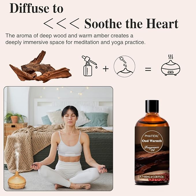 PHATOIL 3.38FL.OZ Oud Warmth Fragrance Oils for Aromatherapy, Essential Oils for Diffusers for Home, Perfect for Diffuser, Yoga, Skin Care, DIY Candle and Soap Making - 100ml