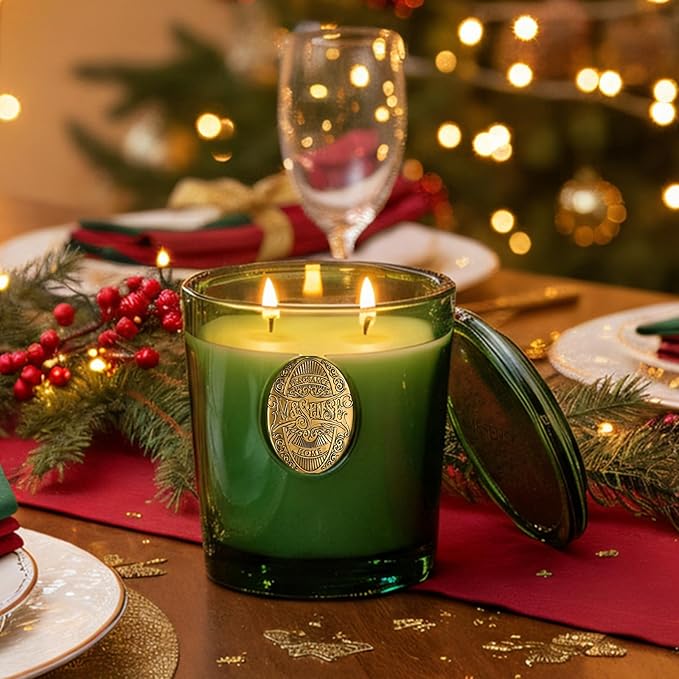 M&SENSE Large Two-Wick Soy Holiday Candle | Evergreen Pine & Emerald Green | 19.8 oz, 120H Burn Time | Luxury Scented Candle for Relaxation, Gifting, Home Décor | Ideal for Bedroom, Party