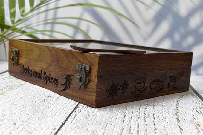 India House-Wooden Spice Box/Rose Wood Engraved Spice Boxes Housewarming Gift, Mother’s Day Gift seller MADE IN INDIA- 12 container