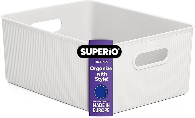 Superio Ribbed Collection - Decorative Plastic Basket Open Home Storage Bins Organizer, Large White (1 Pack) Container Boxes for Organizing Closet Storage Bins for Shelves 15 Liter/16 Quart
