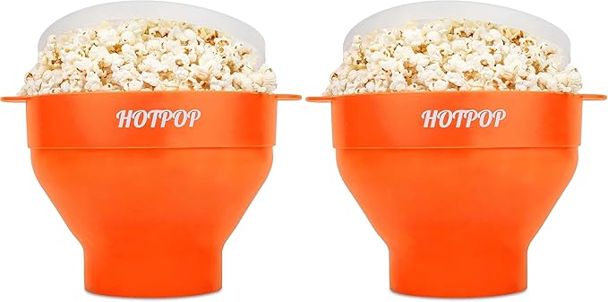The Original Hotpop Microwave Popcorn Popper, Silicone Popcorn Maker, Collapsible Bowl BPA-Free and Dishwasher Safe- 20 Colors Available (Orange) (Pack of 2)