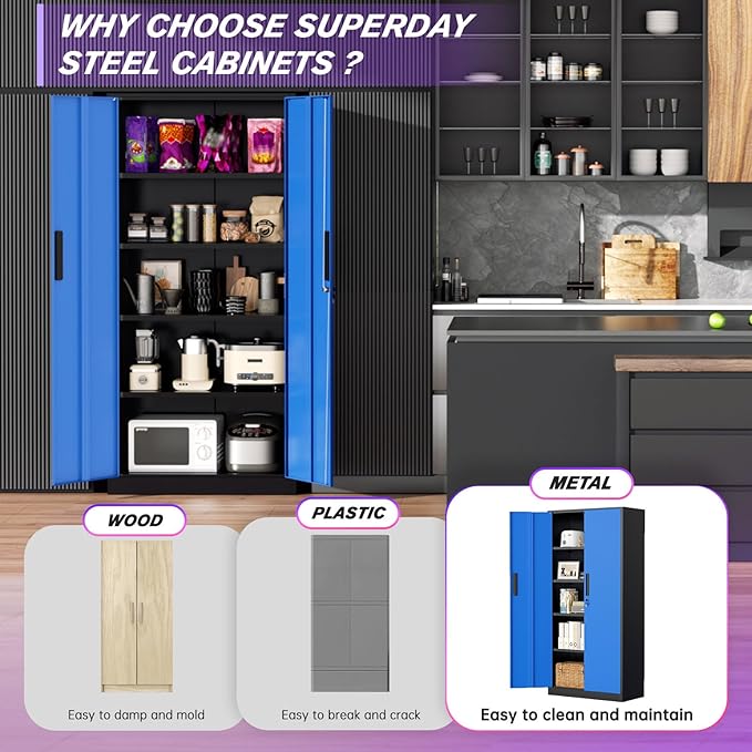 Superday Metal Storage Cabinets, 71" Storage Cabinet with Locking Door, Tall Garage Cabinet with 2 Doors and 4 Adjustable Shelves for Home Office, Classroom, Easy Assemble(Black Blue)
