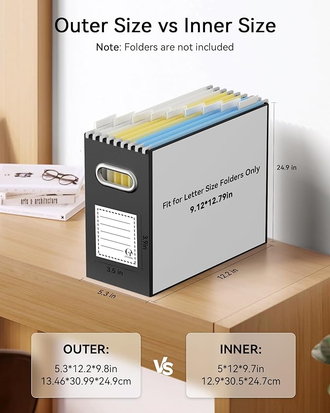 Oterri File Organizer Box, Portable Collapsible Cardboard File Folder Organizer with Handle for Letter Size Hanging Files, Document Storage Box for Home Office & Classroom (2 Packs, Black)