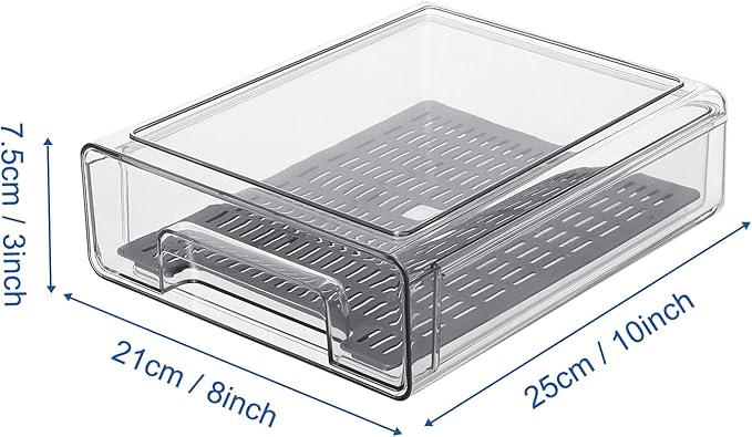 Pull Out Clear Fridge Organizer Drawers with Drainer, Refrigerator Stackable Storage Bins for Kitchen Fruit & Veggie Organization (2PCS, Medium)