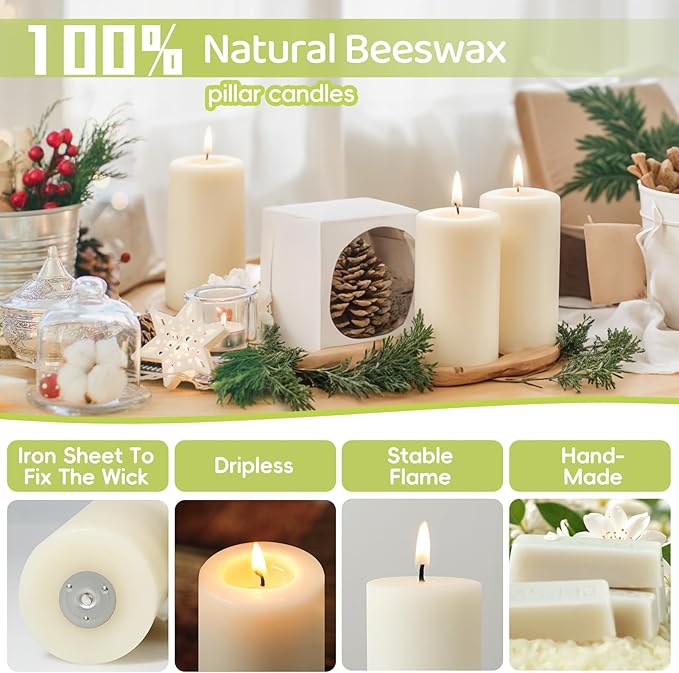 4 Pack Beeswax Pillar Candles,172 Hours Long Burning Pure Off-White Beeswax Candles,Unscented Bees Wax Candle for Home,Prayer,Dripless Smokeless Organic 100% Bees Wax Candle Bulk 2x4in