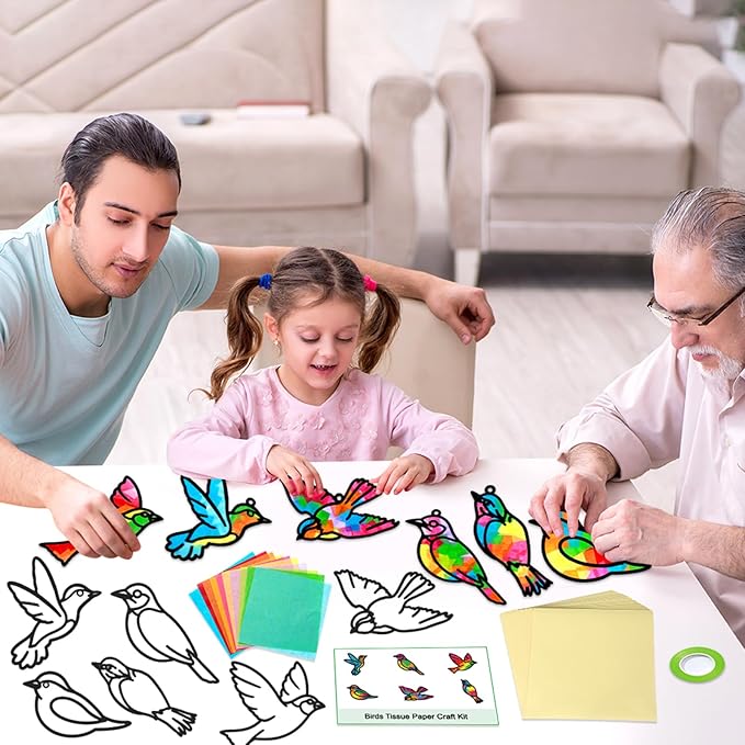 Qyeahkj 36 Set Spring Bird Suncatchers Crafts for Kids DIY Bird Window Tissue Paper Craft Kit Animal Hanging Decor for Summer School Home Activity Art Project Birthday Party Favor Gift