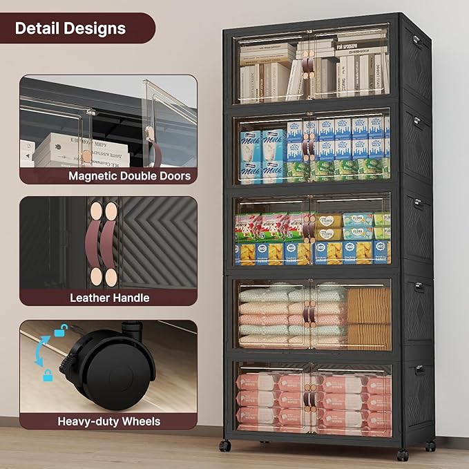 UAMFURI Stackable Storage Bins with Lids, 600QT Closet Organizers, Lockable Storage Cabinet, Foldable Storage Box with Doors and Wheels, Plastic Drawers for Home, Garage, Office (5, Black, Large)