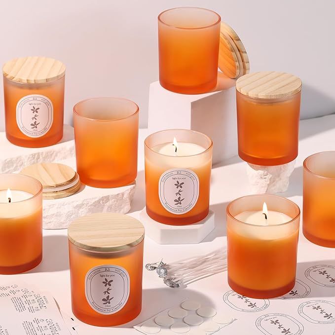 REISEN 12Pcs Gradient Orange Candle Jars for Making Candles, 10oz Glass Jars with Bamboo Lids, Candle Wick Kit and Sticky Warning Labels, Candle Containers Vessels for DIY Gifts