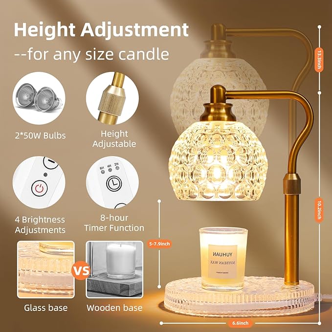 Candle Warmer Lamp with Timer & Dimmer, Glass Lamp Candle Warmer for Jar Candles, UPGRATED with 3 Bulbs, Height Adjustable Electric Wax Warmer for Elegant Home Decor (Crystal Clear)