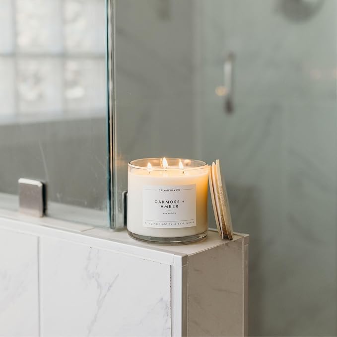 Calyan Wax Co. Oakmoss & Amber 3 Wick Scented Candle - 43 Hour Burn - Luxury 3 Wick Soy Candles - Non Toxic Soy Wax Candles - Long Lasting Large Glass Jar Candle for Home - 14.9oz