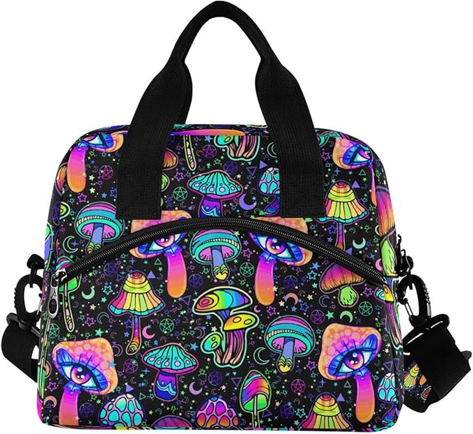 CBBYY Mushroom Lunch Bags for Women Men, Reusable Insulated Lunch Box, Adjustable Shoulder Straps Tote Lunch Bag for Work Picnic School