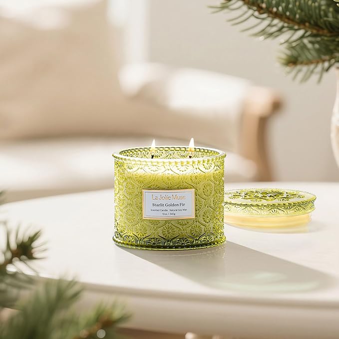 LA JOLIE MUSE Starlit Golden Fir Candle - Cedarwood, Patchouli, Fir Balsam | 12 oz Large 2-Wick Soy Wax Candle | 60 Hours Clean Burn | Balsam and Fir Candle | Gift-Ready for Hosts & Gatherings