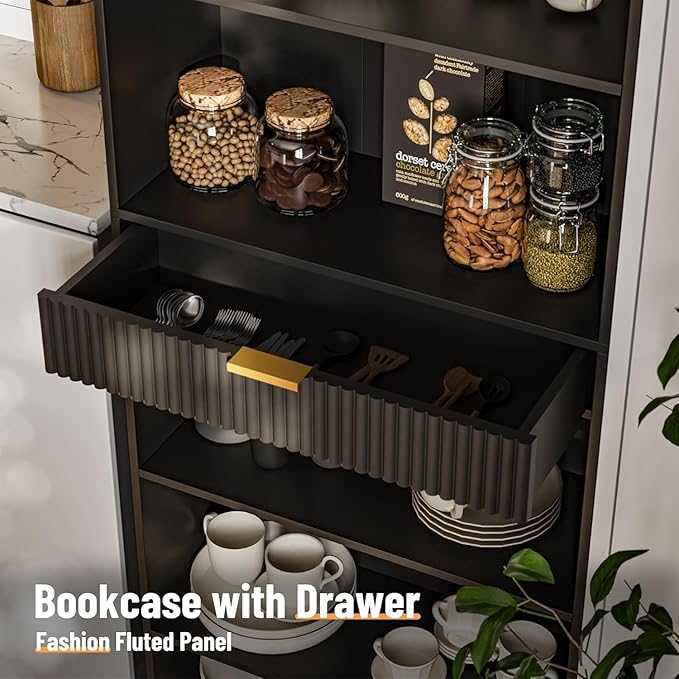 INNOD 72" Tall Bookshelf with Storage, 7-Tier Bookcase Fluted with Drawer, Display Book Shelf Book Organizer with Anti-tip Device, Home Decor Wood Furniture for Bedroom, Living Room and Office, Black