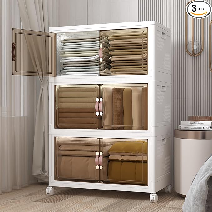 Stackable Storage Bins with Lids, 480QT Closet Organizers and Storage with Doors and Wheels, Extra Large Storage Cabinet, Collapsible Plastic Drawers for Bedroom Dorm Office Garage