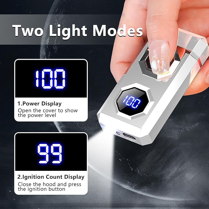 SKRFIRE Electric Lighter Rechargeable USB C Arc Plasma High Power Flame Cool Windproof Electronic Candle Lighter with LED Flashlight for Candle, Firework, Incense (Sliver)