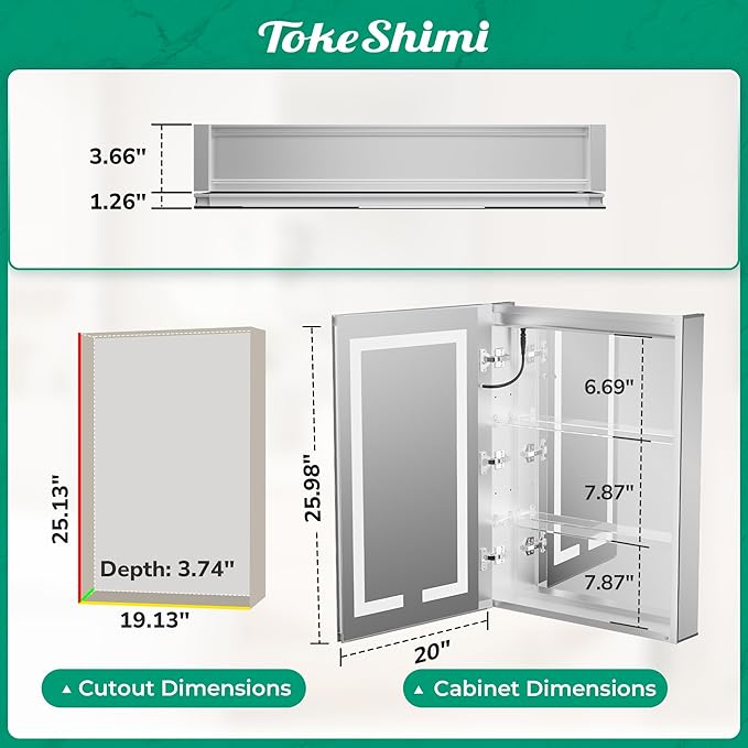 TokeShimi 20x26 Lighted Medicine Cabinet Mirrored Surface Mount 3 Color Dimmable, Anti-Fog Recessed Medicine Cabinet Mirror with Light and Outlet, 2-Side Led Bathroom Mirror with Storage
