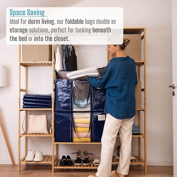 VENO 4 Pack Moving Bags with Clear Window, Heavy Duty Storage Bins with Lid, Around Handles, Tag, Zippers, Extra Large Totes Packing Moving Boxes Supplies for College Dorm Clothes, (Blue, 4 Packs)