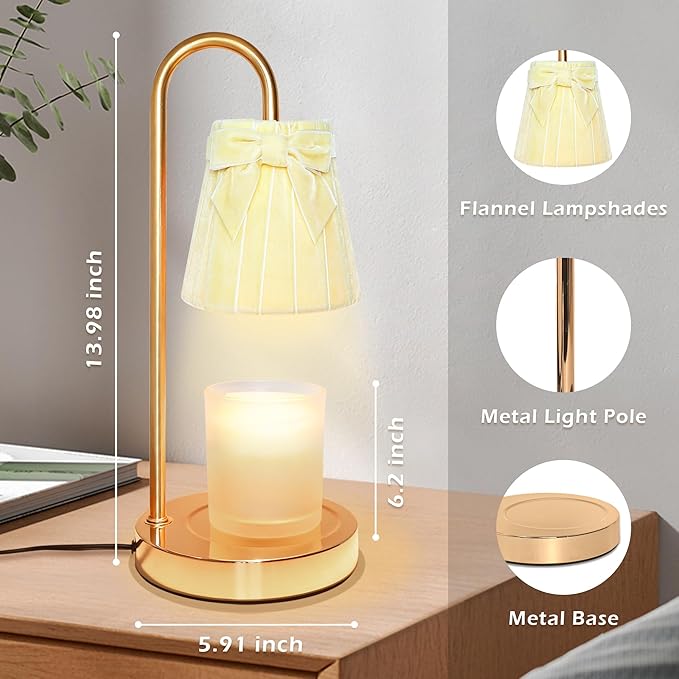 Cute Coquette Bow Candle Warmer Lamp, Dimmable Flannel Candle Warmer with Timer & 2Bulbs, Womens Gifts for Birthday, Unique Home Decor for Bedroom Holiday Aesthetic (Light Yellow/Candles not Included)