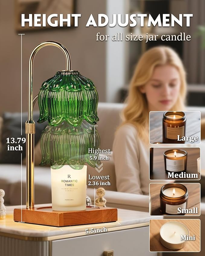 Green Candle Warmer Lamp with Timer & Dimmer, Candle Lamp Warmer Adjustable Height, Mothers Day Birthday Gifts for Women Mom, House Warming New Home Decor,Lotus Flower Wax Warmer for Jar Candles