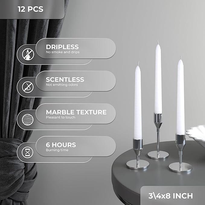 CANDWAX 8 inch White Taper Candles - Set of 12 White Candle Sticks Ideal for Christmas Decorations - Unscented Dripless Smokeless Long Burning Candlesticks - Tapered Christmas Candles for Home Decor