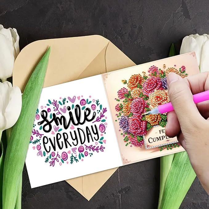 DoxQcs 5D Diamond Art Painting Greeting Cards Kit, DIY Cards for Blessings Congratulations Gifts, Greeting Card Set for Birthday Thanksgiving Day Christmas Halloween-Bouquet-1