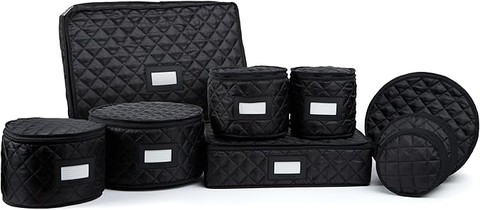 Covermates Keepsakes Dish Storage Set – Padded China & Dinnerware Storage Cases with Dividers, Cup & Stemware Storage, Quilted Polyester Protection, ID Window, Black