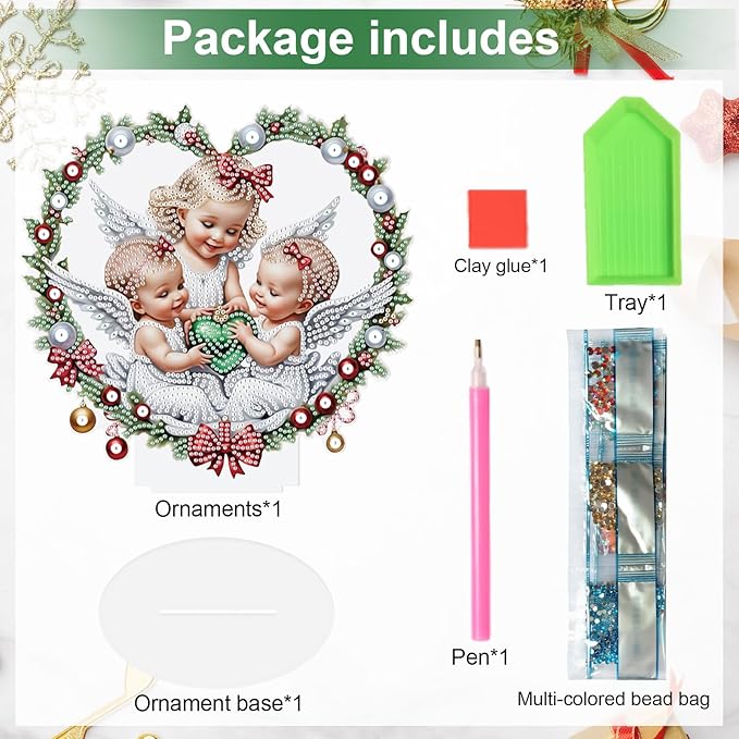 5D Diamond Art Painting Ornament Kits Christmas Angel, DIY Diamond Art Painting Desktop Ornament, Special Shaped Crystal Rhinestone Diamond Art Table Top Home Office Christmas Decor (24x23.6cm)