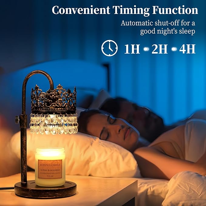 Candle Warmer Lamp with Timer Dimmer Adjustable Height with 2 Bulbs Crystal Candle Lamp Elegant Home Decor for Valentine's Day Gift Wax Melt Warmers for Women Birthday Gift (Black Gold Brushed)
