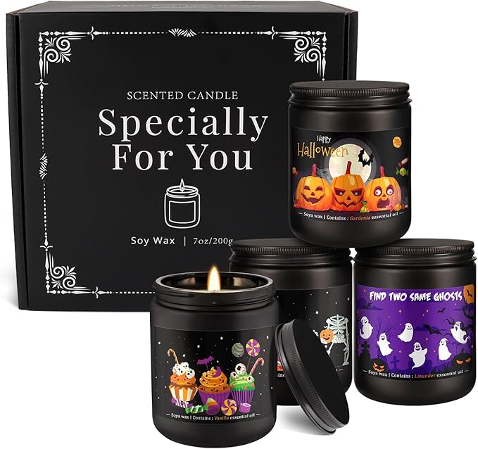 Halloween Scented Candles Set of 4 (7oz Each) – Spooky Aromatherapy Soy Wax Candles with Bat & Ghost Designs, Smokeless for All Saints' Day, Home Decor & Festive Gifts